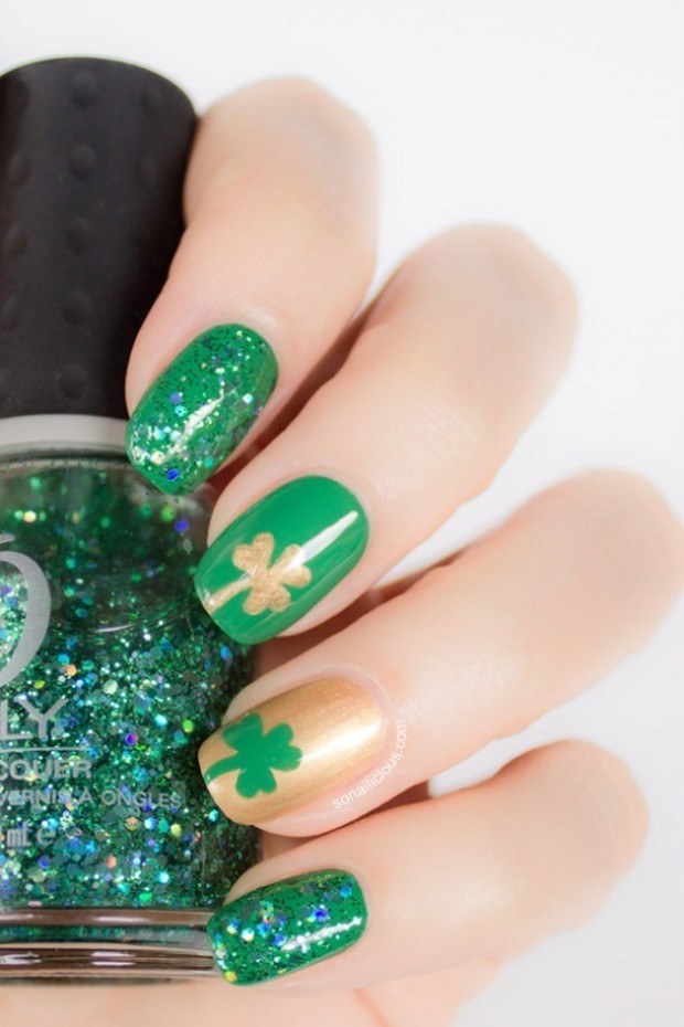 green shamrock nails - st. patricks day nail designs-