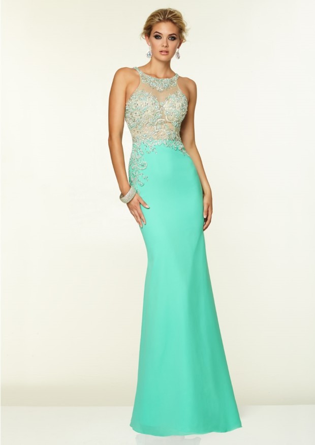 Round Neck Sheath Sheer Beaded Floor Length Light Turquoise Prom Party Dress