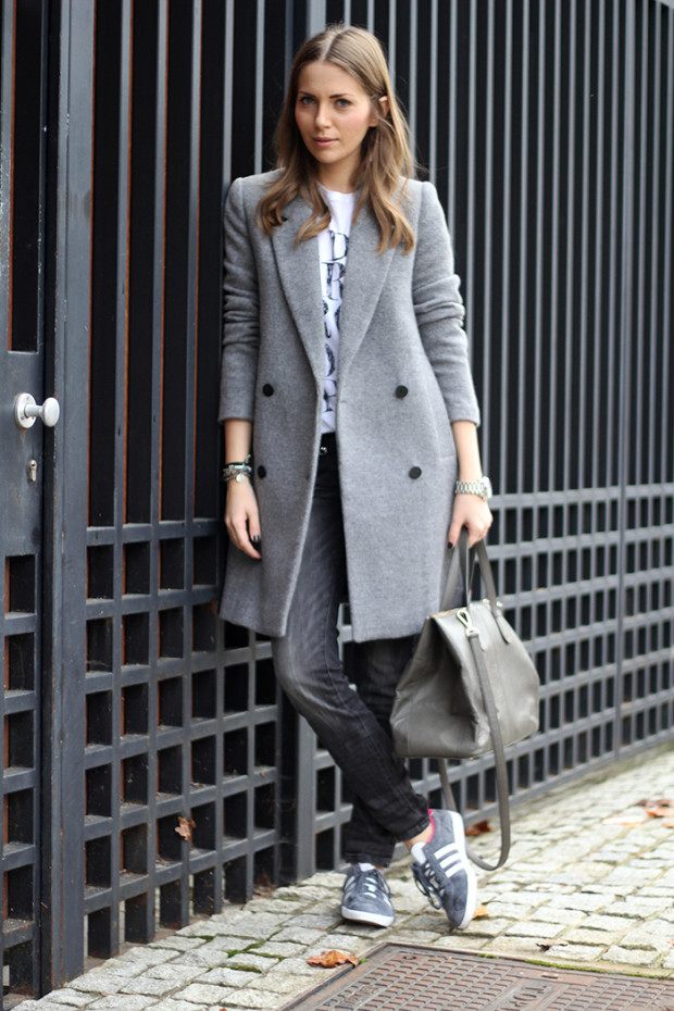 , zara gray coat, gray coat, zara jeans, dkny bag, adidas gazelle sneakers